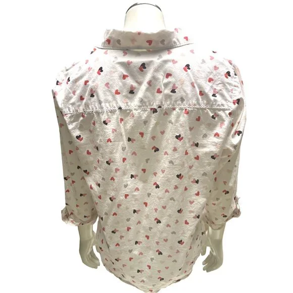 Christopher & Banks Petite Medium White Button Up Shirt Pink Red Heart Print Top - Picture 4 of 10